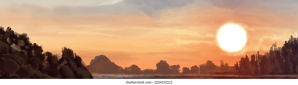 Fondo paisajístico. Plantilla de arte abstracta con elementos de pintura. Diseño abstracto de banner de fondo Sunrise Sunset en estilo natural. Ilustración vectorial.