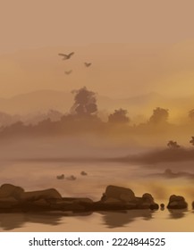 Landscape background. Abstract art template with paint elements. Sunrise Sunset background abstract banner design in nature style. Vector illustration.