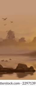 Landscape background. Abstract art template with paint elements. Sunrise Sunset background abstract banner design in nature style. Vector illustration.