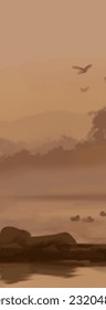 Landscape background. Abstract art template with paint elements. Sunrise Sunset background abstract banner design in nature style. Vector illustration.