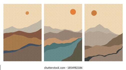 Fondo paisajístico. Plantilla abstracta con patrón geométrico. Diseño de montaña de estilo asiático. La distribución del atardecer es de estilo oriental.