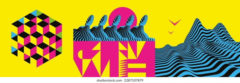 Landscape background. Abstract wavy background. Pattern with optical illusion. Cover design template. Vector illustration for brochure, poster, card, poster, print, flyer or banner.