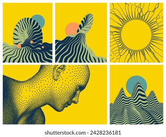 Landscape background. Abstract wavy background. Pattern with optical illusion. Hole made of small particles tending from the center. Side view of a man's head made of dots. Cover design template. 