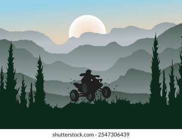 Landscape background, adventure travel, mountains and forests in the morning, natural dark gradient, vector illustration for travel advertising design, create brochure.