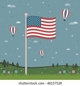 landscape background with american flag on flag pole and hot air balloons