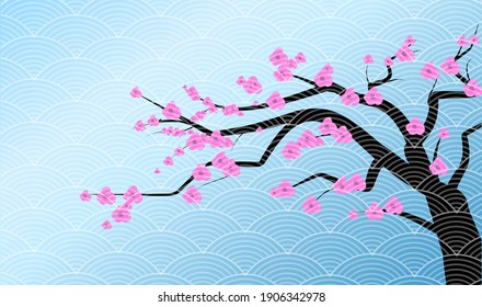 arte de fondo paisajístico. Patrón de línea semicircular multinivel, el diseño conduce al arte tradicional, estilo japonés, fondo de ilustración de árbol de cerezo