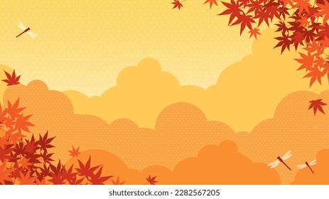 landscape background of autumn leaves and red dragonflies