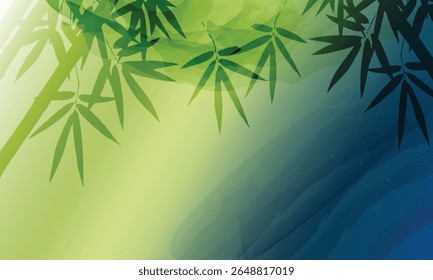  landscape background with bamboo branch. bamboo leaves shadows isolated on green gradient background. plant branch shade, foliage decoration. Design element for print, wallpaper, wall, business