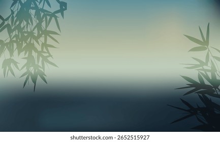 landscape background with bamboo branch. bamboo leaves shadows isolated on green gradient background. plant branch shade, foliage decoration. Design element for print, wallpaper, wall, business