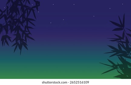 landscape background with bamboo branch. bamboo leaves shadows isolated on green gradient background. plant branch shade, foliage decoration. Design element for print, wallpaper, wall, business