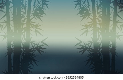 landscape background with bamboo branch. bamboo leaves shadows isolated on green gradient background. plant branch shade, foliage decoration. Design element for print, wallpaper, wall, business