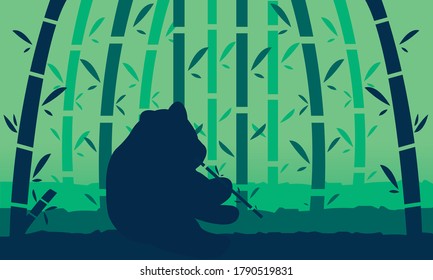 Bosque de bambú y panda de fondo paisajístico comen bambú