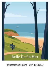 landscape background with beach in Belle ile en Mer island france. travel to Morbihan france.
vector illustration with colored style for poster, card, postcard, art, print.