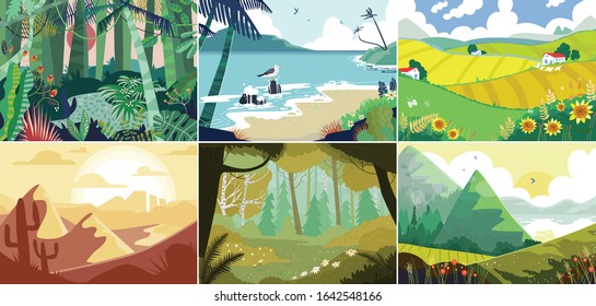 Landscape background, beautiful nature outdoor, forest, mountains and ocean, vector illustration. Set of nature backdrops, rural village fields, desert rocks canyon, mountain meadow and sea beach