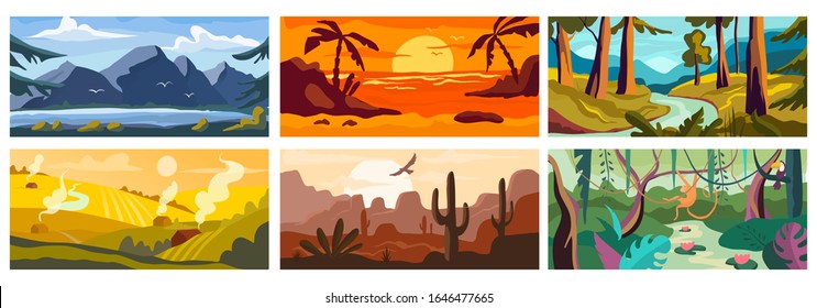 Antecedentes paisajísticos, hermosa naturaleza exterior, bosque y playa oceánica, ilustración vectorial. Conjunto de paisajes naturales, campos de pueblo, cañones del desierto, lago montañoso y paisaje de fauna silvestre de río jungla