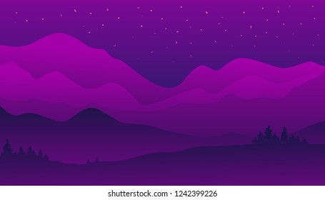 Landscape background, beautiful view, nature panorama, night stars sky, mountains forest and hills. Vector illustration