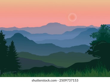 Paisaje de fondo, belleza de las montañas, y la niebla creciente, gradiente de tonos cálidos, Ilustración vectorial para el diseño, telón de fondo, publicidad, folleto.