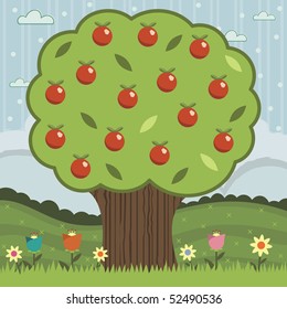 landscape background with big tree and red apples