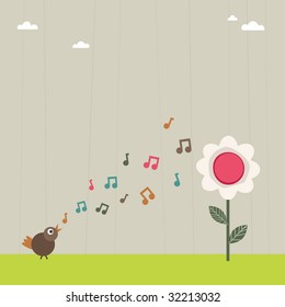 landscape background with bird singing to flower