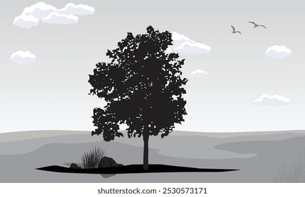 Landscape background with black trees and birds