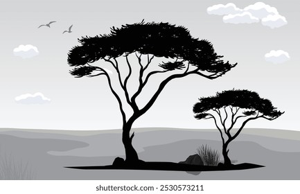 Landscape background with black trees and birds
