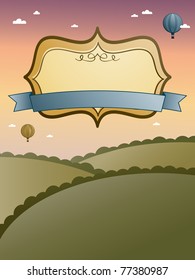 landscape background with blank frame and ribbon, with hot air balloons
