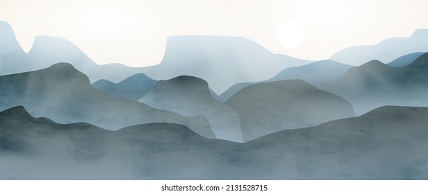 Landscape background with blue mountains and hills in the fog. Vector art banner for decoration, design, wallpaper