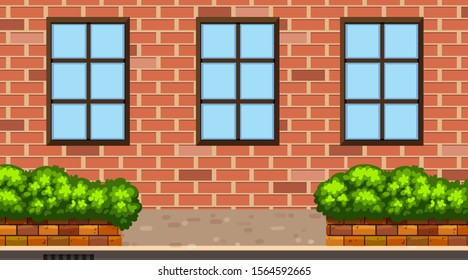 Fondo paisajístico con construcción de ladrillos e ilustración de arbustos