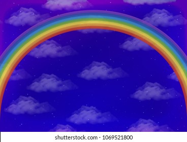 Landscape, Background with Bright Colorful Rainbow on Blue Sky with White Clouds and Stars. Eps10, Contains Transparencies. Vector