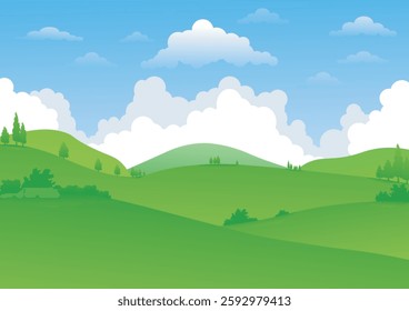 Landscape background, bright green grass field, blue sky with clouds behind, green tone color to match nature, vector illustration for background design, create travel brochure.