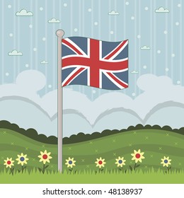 landscape background with british flag on flag pole
