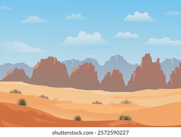 Landscape background, brown mountains, drought without trees, using warm tones on a blue background to suit the atmosphere, vector illustration for designing background creation.