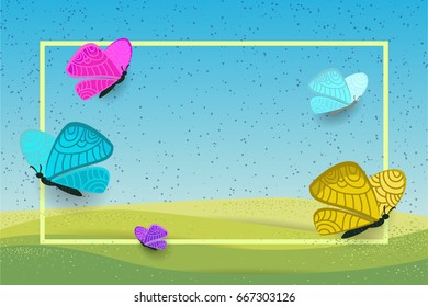 Landscape background with butterflies. Simple flat style. Banner with a landscape and place for text.