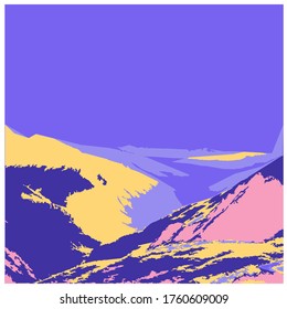 Fondo paisajístico o plantilla de tarjeta con colinas abstractas de colores vivos cálidos. Fondo de colores vivos. Ilustración vectorial en el estilo del arte moderno