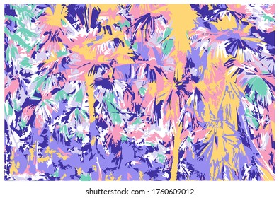 Landschaftshintergrund oder Kartenvorlage mit abstraktem Wald, Palmen, Dschungel mit warmen, lebhaften Farben. Hellfarbene Hintergründe. Vektorgrafik im modernen Kunststil
