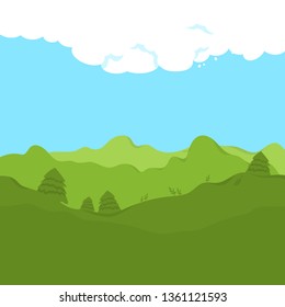 Landscape background, with clouds hills and trees. Flat cartoon style vector illustration.