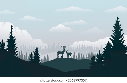 Landscape background, the cold is coming, a pair of deer looking for food, in the quiet, using light tones to blend in with nature. Vector illustration for background design.