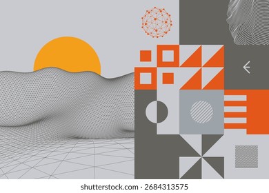 Landschaftlicher Hintergrund. Cyberspace-Raster. Abstraktes geometrisches Muster. Cover-Entwurfsvorlage. Kugel. Illustration für Banner, Poster, Cover, Broschüre, Präsentation usw. 
