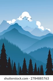Landscape background, darkness is falling and all life comes to a standstill, even the birds are returning home, a tranquil atmosphere, using dark color tones, vector illustration for background design.