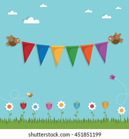 landscape background decoration with birds holding bunting ornament