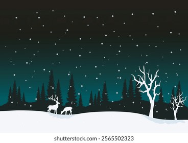 Landscape background, Deer foraging at night, In the cold, White snow falling all over the forest, Vector illustration for design, creating background, making travel brochure.