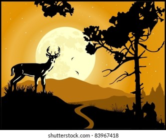 Landscape background. Deer on the moonlight