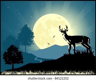 Landscape background. Deer on the moonlight