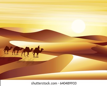 Landscape background desert with dunes, barkhans and caravan of camels vector illustration.