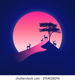 Landscape background with desert at night, deers, moon, and tree