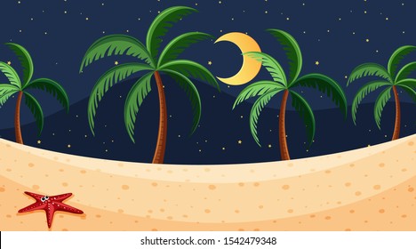 Diseño de fondo paisajístico de la playa en ilustración nocturna