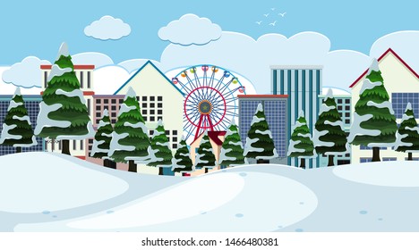 Diseño de fondo paisajístico de la ciudad en la ilustración de invierno