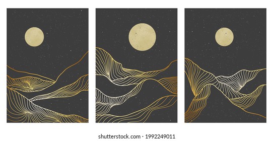 Landscape Background Design With Golden Mountain Line Art Pattern. Abstract Template With Geometric Pattern. Vector Illustration