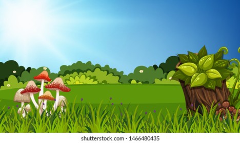 Landscape background design of green grass and mushroom illustration