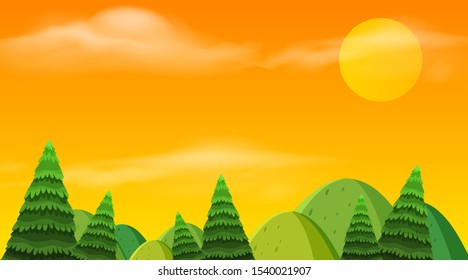 Landscape background design of hills and sunset illustration